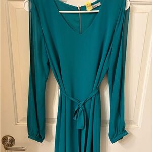 Blue Sheath Dress (short) with V-Neck and Bishop Sleeves. Gold zipper in back.